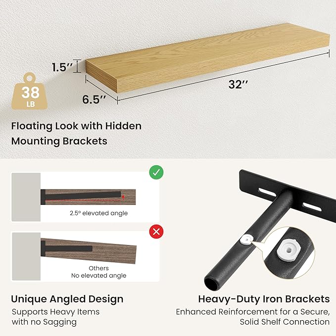Fun Memories Rustic Wood Floating Shelves for Wall, Space-Saving Wall Mounted Shelves for Bathroom, Bedroom, Living Room and Kitchen, Stylish Storage & Display (Set of 2, Oak, 32 in)