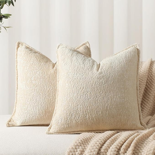 DEZENE Pack of 2 Beige Decorative Throw Pillow Covers 20x20 Cozy Soft Chenille Boho Accent Vintage Farmhouse Square Couch Pillow Covers for Home Decor Bed Sofa Living Room