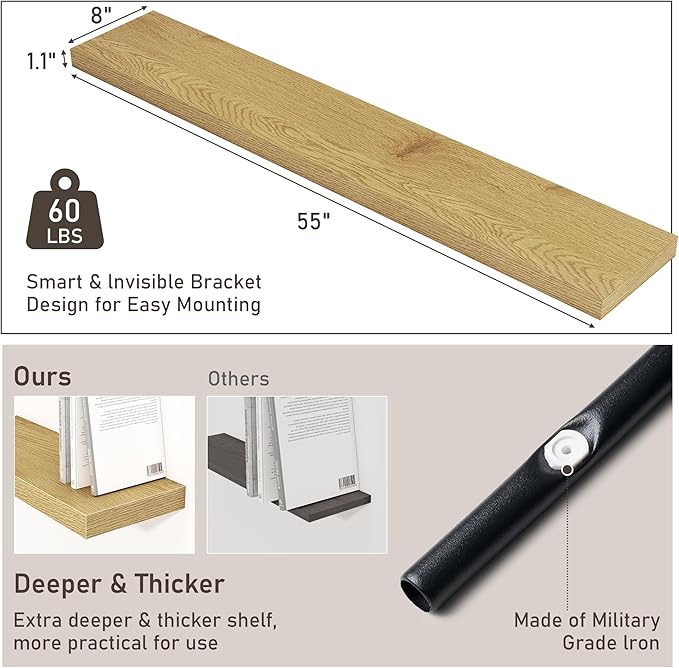 Fun Memories 55 Inch Long Floating Shelves for Wall, 8" Deep Floating Shelves for Bathroom Living Room Bedroom, Rustic Wall Mounted Shelf with Invisible Heavy-Duty Bracket, Set of 2, Oak