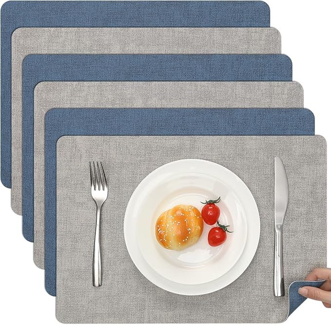 Myir JUN Reversible Vinyl Placemats Set of 6, Faux Leather Place Mats Dual Sided Waterproof Wipeable, Heat-Resistant Table Mats for Kitchen Dining Indoor Outdoor (12" x 17", Light Gray Navy Blue)