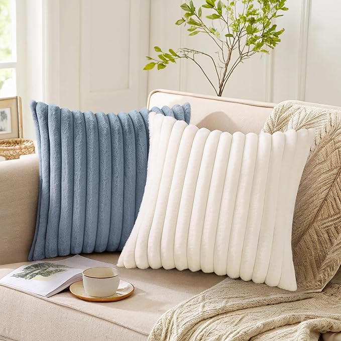 Pallene Faux Fur Plush Throw Pillow Covers 20x20 Set of 2, Luxury Soft Fluffy Striped Decorative Pillow Covers for Sofa, Couch, Living Room, Blue Grey