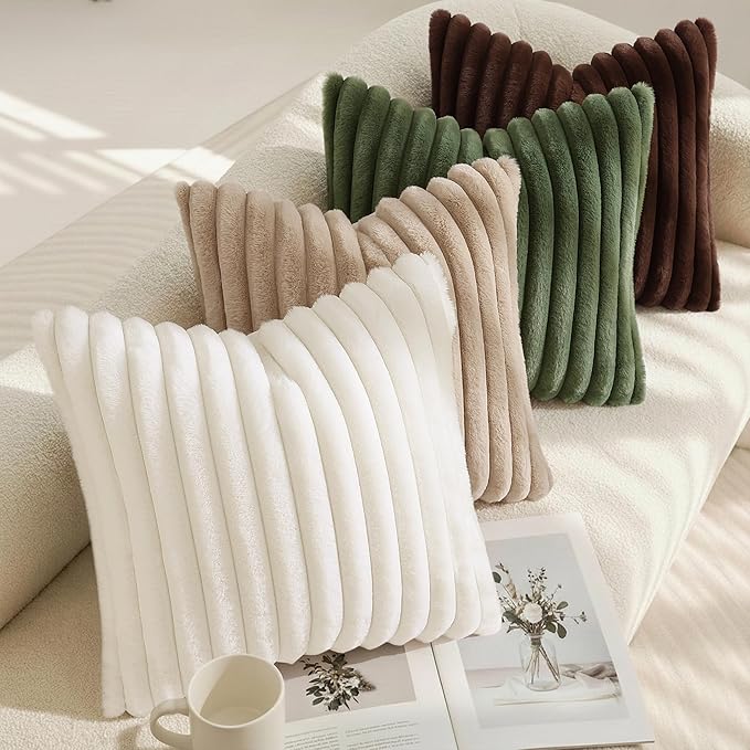decorUhome Faux Fur Throw Pillow Covers 24x24 Set of 2, Decorative Soft Plush Striped Neutral Couch Euro Pillow Covers with Velvet Back for Sofa, Bed, Living Room Home Decor, Dark Brown