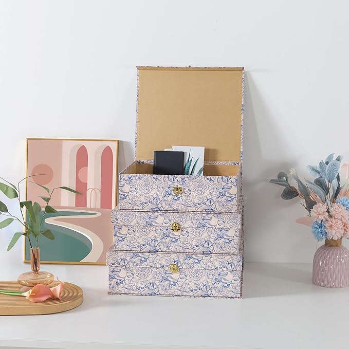 Soul & Lane Blue and White Floral Cardboard Decorative Storage Boxes with Gold Hardware - Set of 3, Aviary Garden - Stacking Boxes with Lids for Home Decor and Organizing, Elegant Design