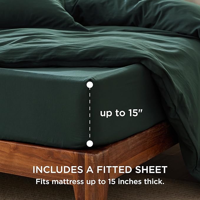 Bedsure Duvet Cover Full Size with Fitted Sheet - 4 Pieces Prewashed Cotton-Like Extra Soft Bedding Set, Includes 1 Duvet Cover 80x90 Inches, 2 Pillow Shams, 1 Fitted Sheet, Forest Green