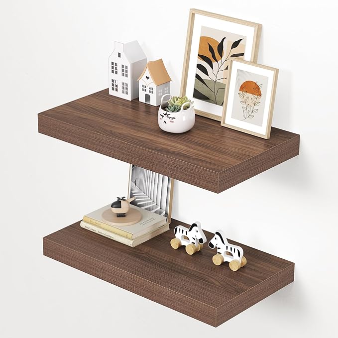 Dreamland 24" Floating Shelves for Wall, 12" Deep Thicker Walnut Floating Shelves, Wall-Mounted Shelves for Bedroom, Living Room, Kitchen, Bathroom - Set of 2