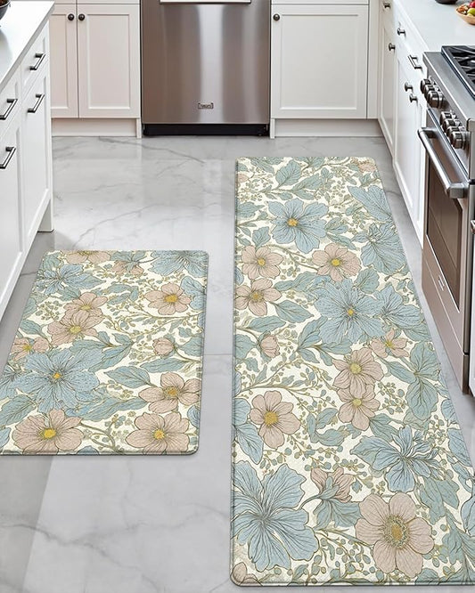 DEXI Kitchen Mats for Floor 2 Piece Set, 17x29+17x59, Cushioned Standing Mat Anti Fatigue, Waterproof Comfort Floral Padded for Laundry Room Office, Blue