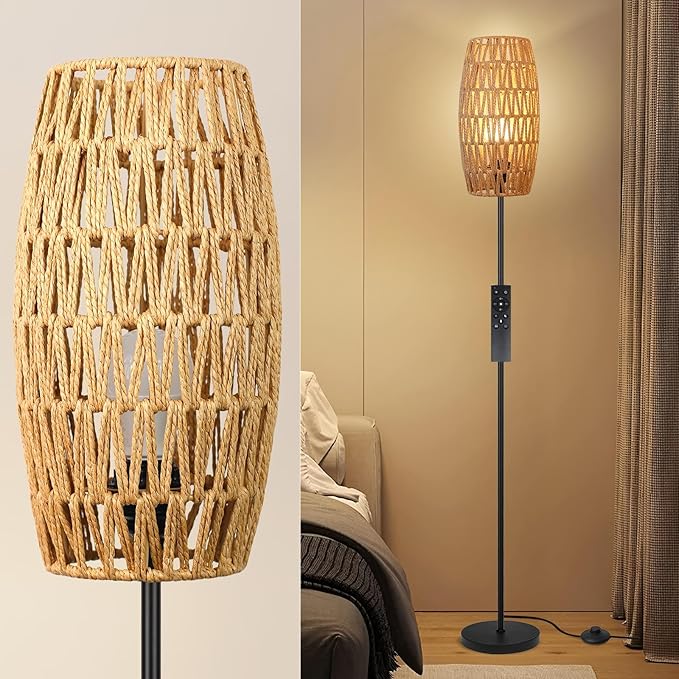 Floor Lamp for Living Room,Farmhouse Floor lamp,Modern Standing lamp with Hand-Worked Rattan Shade (Drum Shade-with Remote)
