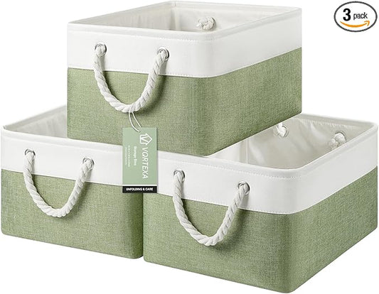 Large Storage Baskets- 15.7x11.8x8.26 inch Storage Bins for Shelves and Closet Organizing, Foldable Fabric Bin for Home Organization Clothes and Laundry (3-Pack, White&Green)