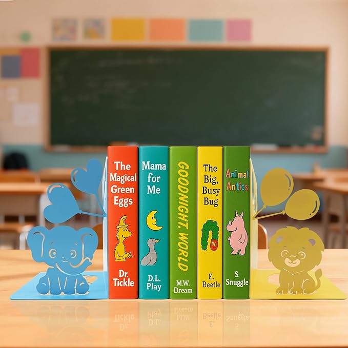 Animal Bookends – Cute Lion and Elephant Book Ends Decorative for Shelves, Safari Nursery Decor Kids Bookends, Unique Novelty Book Holders Heavy Duty Book Stopper for Home Bookshelf Decor