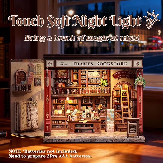 CUTEFUN DIY Book Nook Kit, 3D Puzzle Creative British Library Bookend Bookshelf Decor for Adults Teens, Magic Bookshop Miniature Kit with LED & Dust Cover, Gifts for Book Lovers (Thames Bookstore)