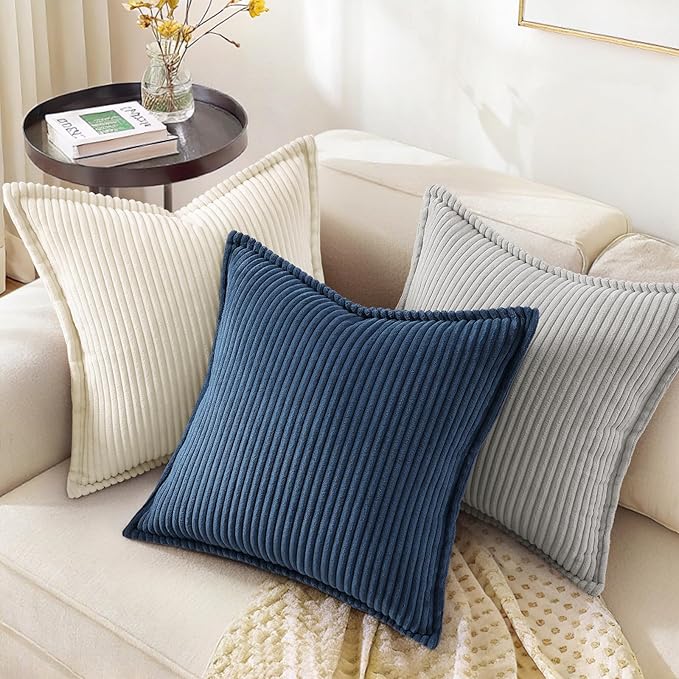 decorUhome Spring Corduroy Navy Blue Euro Sham Throw Pillow Covers 22x22 Set of 2 Decorative Soft Boho Farmhouse Couch Pillow Covers for Living Room Bed Sofa Broadside Striped Pillow Cases