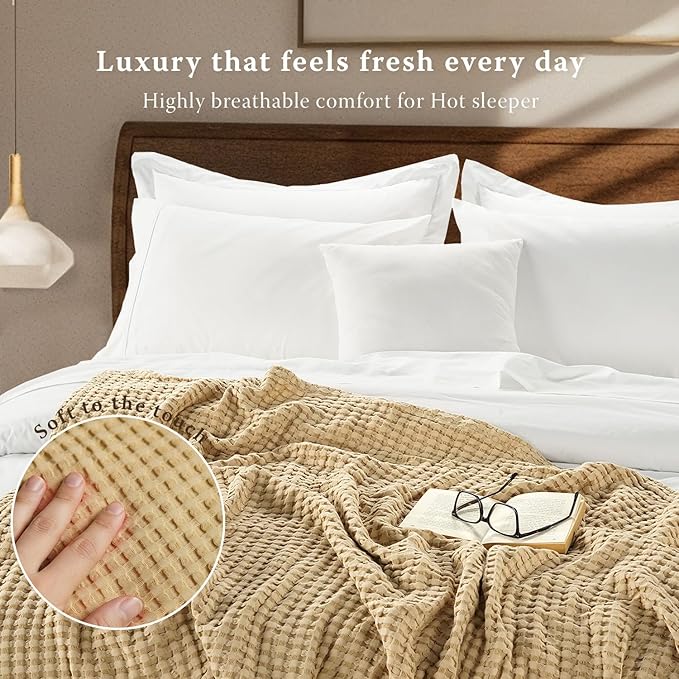 Threadmill Cooling Cotton Waffle Queen Size Blanket | Breathable, Lightweight & Ultra-Soft | Made from Rayon Derived from Bamboo | Cooling Throw Blanket for Couch and Sofa | 90 x 92 Inches | Beige