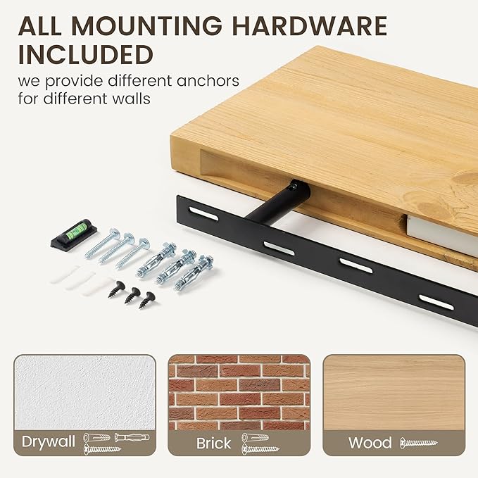 Marsmiles Floating Shelves | 36 Inch Natural Wood Wall Shelves Set of 2 | 9.3 Inch Deep Rustic Reclaimed Wood Shelves for Room Wall | Farmhouse Floating Shelves for Living Room Bathroom