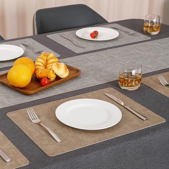 Myir JUN Reversible Vinyl Placemats Set of 8, Faux Leather Place Mats Dual Sided Waterproof Oilproof Wipeable, Heat-Resistant Table Mats for Kitchen Dining Indoor Outdoor (12" x 17", Light Gray Beige)
