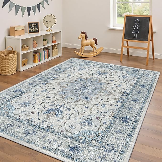 RELEANY Area Rugs 4'x6' Washable Non-Slip, Floral Vintage Distress Print Pattern Medallion Carpet for Living Room Bedroom Dining Room, Light Blue Navy Beige Gray White
