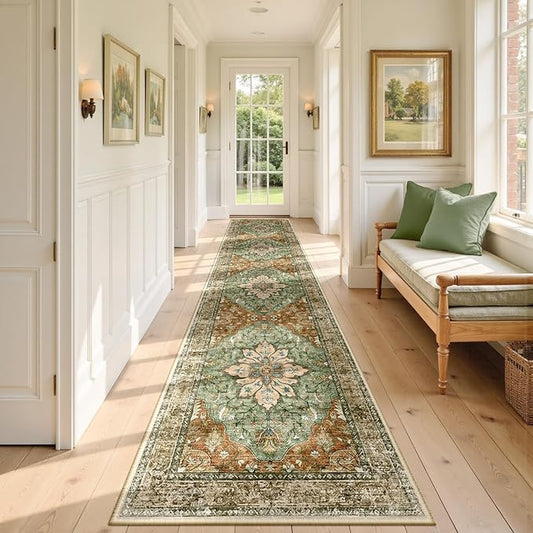 RELEANY Area Rugs 2'x9' Washable Non-Slip, Floral Vintage Distress Print Pattern Medallion Carpet for Living Room Bedroom Dining Room, Brick Red Rust Neutral Brown Burnt Orange Green