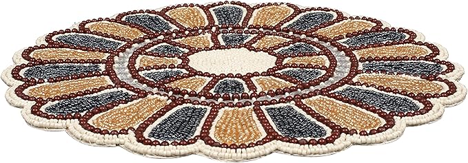 Beaded Charger 13 inch Placemats Round – Floral Calendula Design in Grey Gold Ivory, Handmade Dining Table Mat, Holiday, Christmas, Wedding, Decorative Table Bedding Craft