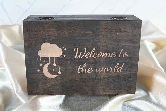 Engraved Baby Memory Box – Wooden Keepsake Box for Newborn Milestones, First Tooth, Hospital Bracelet – Medium Size – Dark Walnut Finish – 8.5 x 6 x 3 in