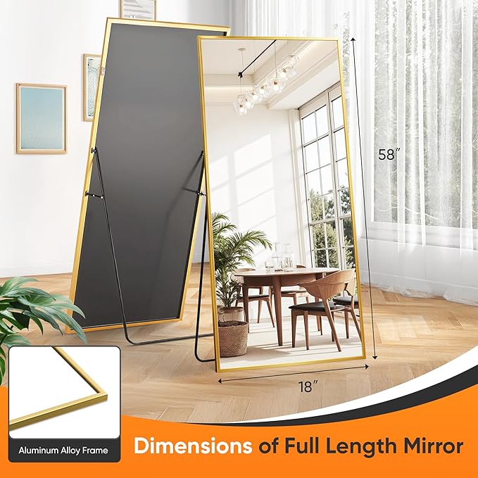 Suidia Full Length Mirror, 58"x18" Floor Standing Mirror Freestanding, Full Body Mirrors with Stand for Bedroom, Hanging Mounted for Living Room Cloakroom, Gold, Rectangular Style