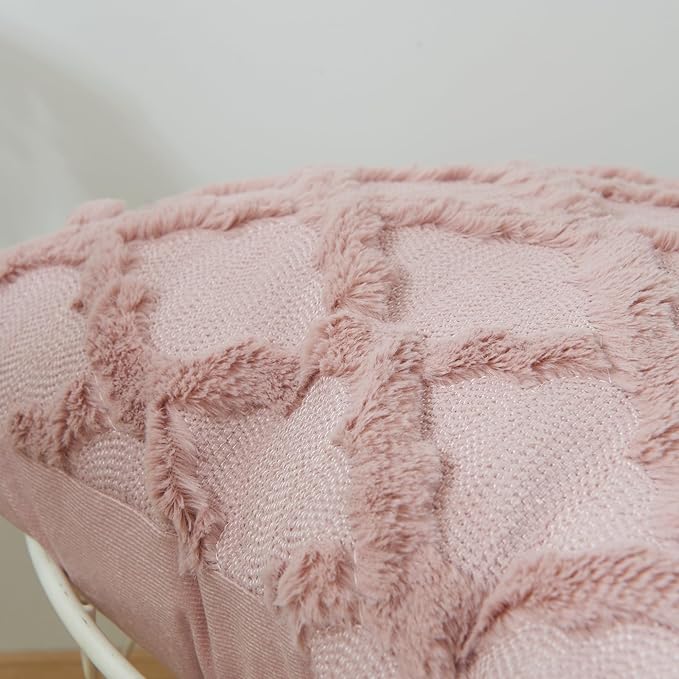 EMMTEEY Boho 12X20 Throw Pillow Covers Set of 2 - Single-Side Fluffy Stripe Stitching Embroidery, Wrinkle Resistant Pillow Case for Couch/Living Room/Bedroom Décor, Pink