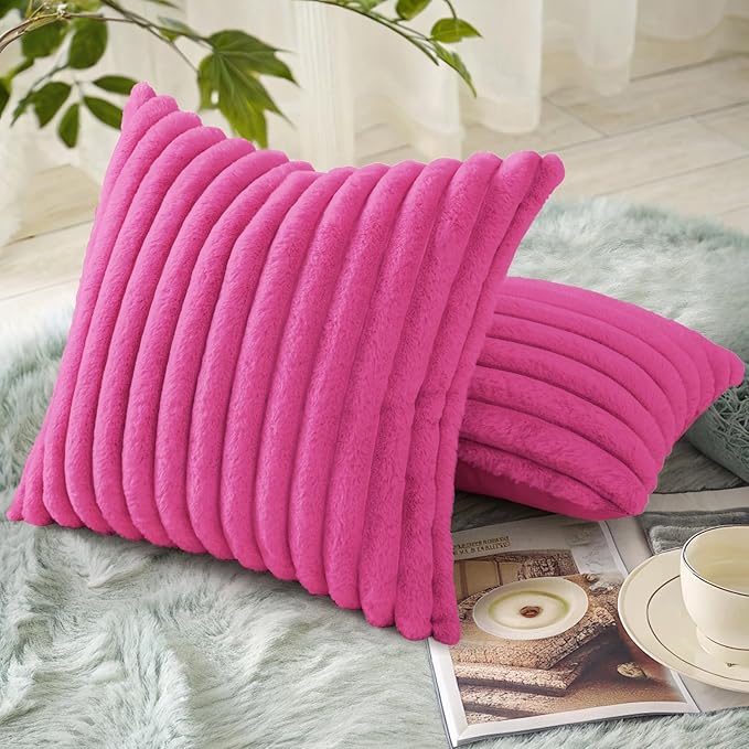 decorUhome Faux Fur Spring Throw Pillow Covers 24x24 Set of 2 Decorative Soft Plush Striped Neutral Couch Euro Sham Pillow Covers with Velvet Back for Sofa Bed Living Room Home Valentines, Hot Pink