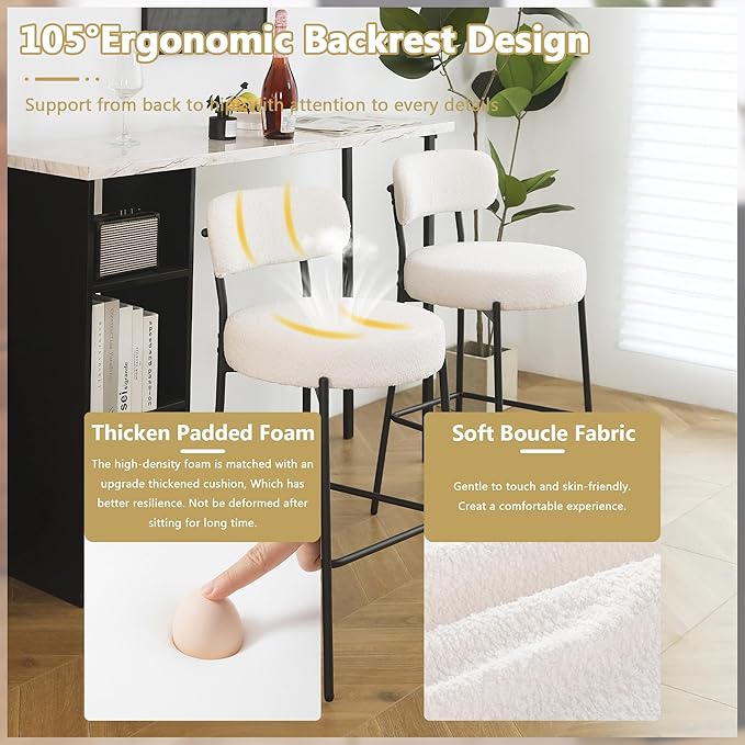 DYHOME Bar Stools Set of 2, White 28 Inches Boucle Counter Height Bar, Modern Bar stools Chairs Upholstered Barstools with Back & Footrest Metal Legs, Stools for Kitchen Island, Counter, Cafes