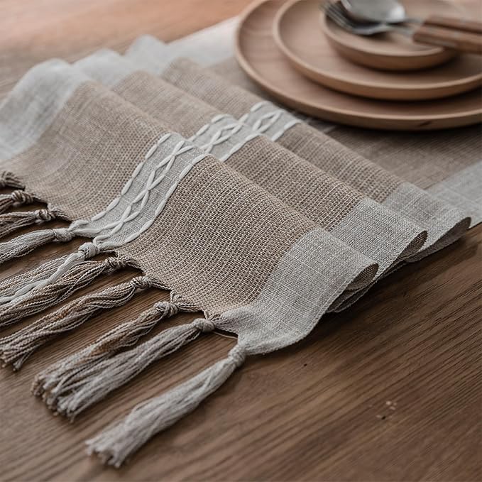 Niviy Farmhouse Table Runner, Embroidered Striped Braided Coffee Boho Table Runner, Cotton Linen Farmhouse Table Decoration for Holiday Party 12 x 36 Inches