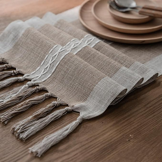 Niviy Farmhouse Table Runner, Embroidered Striped Braided Coffee Boho Table Runner, Cotton Linen Farmhouse Table Decoration for Holiday Party 12 x 48 Inches