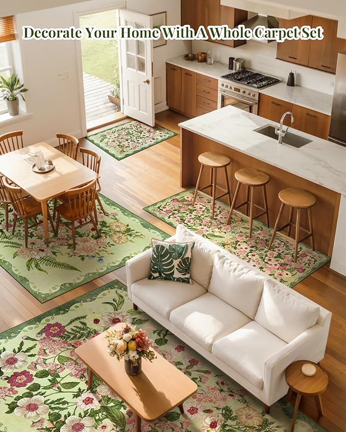 AREAMAY Floral Washable 5x7 Area Rugs - Living Room Rug Non Slip Low Pile Stain Resistant Carpets Indoor Vintage Flower Print Rug for Bedroom Dining Room Kitchen Home Office Green