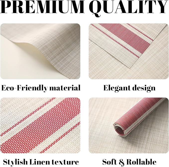 Placemats Set of 4 Vinyl/Plastic Woven Place Mats for Kitchen Table Indoor/Outdoor Washable Placemat Wipeable Dining Table Mats (Khaki Red,4)
