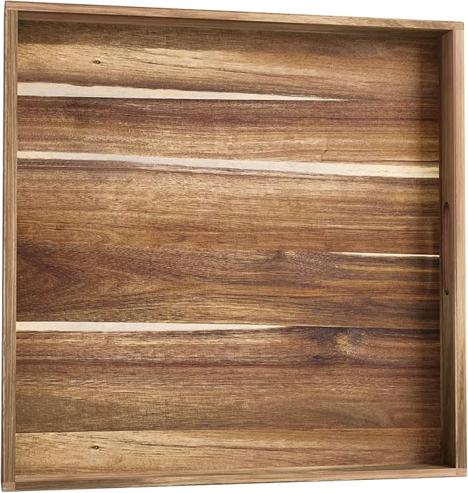 MAONAME Extra Large Square Ottoman Tray, 24" Acacia Wood Serving Tray for with Handles, Farmhouse Wooden Decorative Trays, Coffee Table Trays for Living Room, Countertop, Charcuterie