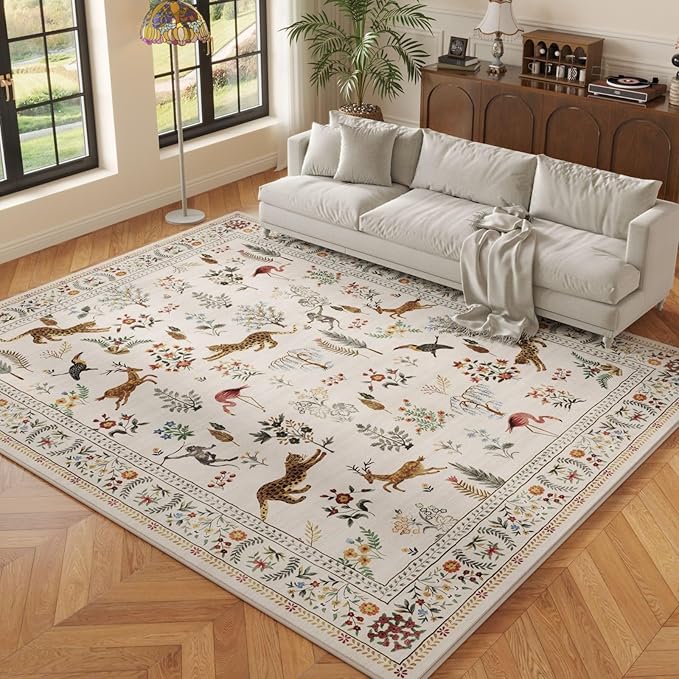 Rugcomf Round Rug 4ft Washable Circle Rug Non Slip Low Pile Boho Floral Animal Small Circular Rug for Bedroom, Bathroom, Entryway, Kids Room, Office, College Dorm (Beige)