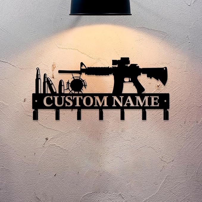 Personalized Custom Name Gun Wall Hooks,Metal Gun Room Art Clothes Hooks,Metal Gun Wall Home Storage Decorative,For Front Door, Hallway, Kitchen, Bedroom,Keys,Hats (Style C)