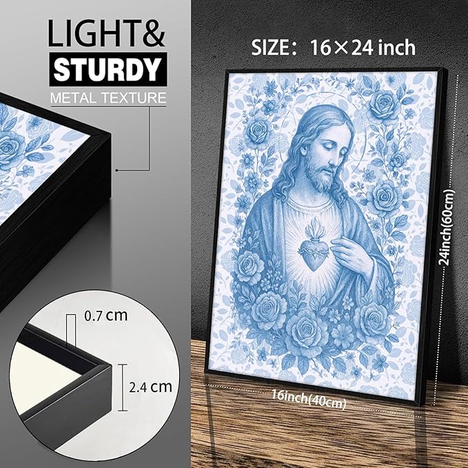 Framed Blue Sacred Heart of Jesus Canvas Wall Art Divine Mercy Wall Decor Jesus Portrait Pictures Catholic Artwork Christian Religious Poster Prints for Living Room Prayer Room Church 16x24in