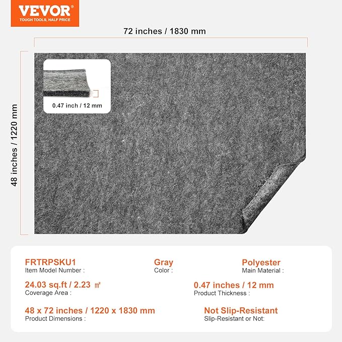 VEVOR Rug Pad Without Slip Resistance, 1/4" Thick 4'x6'(7.875' Actual) Dual Surface Protective Cushioning Carpet Pad, Polyester Felt + Latex, 1-2㎡ Area Carpet Padding Rug Cushion for All Floors, Gray