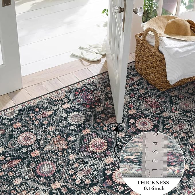 Lahome Kitchen Rugs Non Slip Washable Rugs for Entryway, 2x4 Rug Non-Slip Moroccan Trellis Ultra-Thin Indoor Door Mat Small Carpet for Bathroom Bedroom Entry, Black/Multi