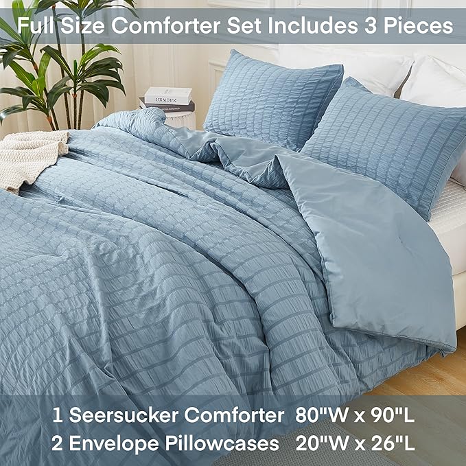 AveLom Seersucker Comforter Set - Full Size - Grayish Blue - 80x90 Inches - 3 Pieces - Unisex