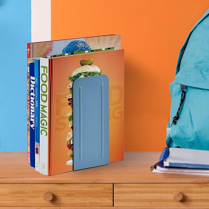Acrimet Metal Bookends, Jumbo Size 9" H x 4" W x 4-1/2" D, Non-Skid Book Stand for Shelves, Heavy Duty Book Stopper, Blue, 1 Pair