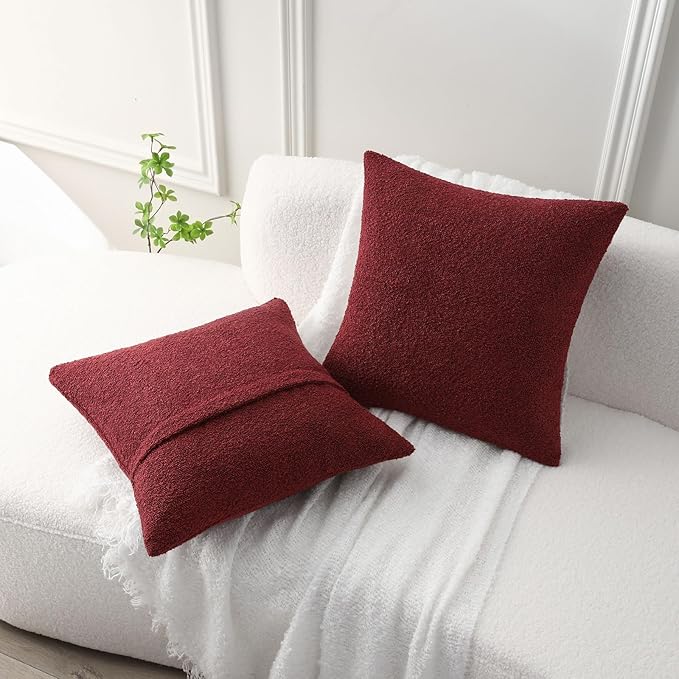 FUTEI Pack of 2 Burgundy Decorative Throw Pillow Covers 16x16 Inch Soft Cozy Solid Boucle Textured Cushion Case,Modern Home Decor for Couch Bed Living Room