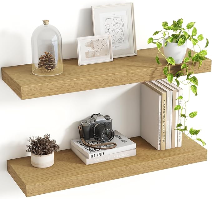 24 Inch Floating Shelves, 8 Inch Deep Floating Shelves for Wall, Hanging Shelf with Invisible Brackets, Deep Shelves for Bathroom, Bedroom, Living Room, Oak, Set of 2