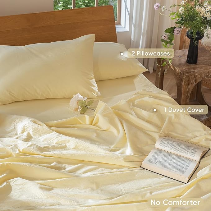 MooMee Bedding Duvet Cover Set 100% Washed Cotton Linen Like Textured Breathable Durable Soft Comfy (Heathered Butter Yellow, Super Queen 90"x98")