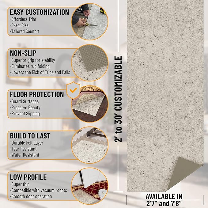 Ottomanson 2'7" x 10' Non-Slip Rug Pad Gripper 1/12 Inch Ultra Thin Dual Surface Felt + Rubber Gripper - Safe for All Floors, Cream