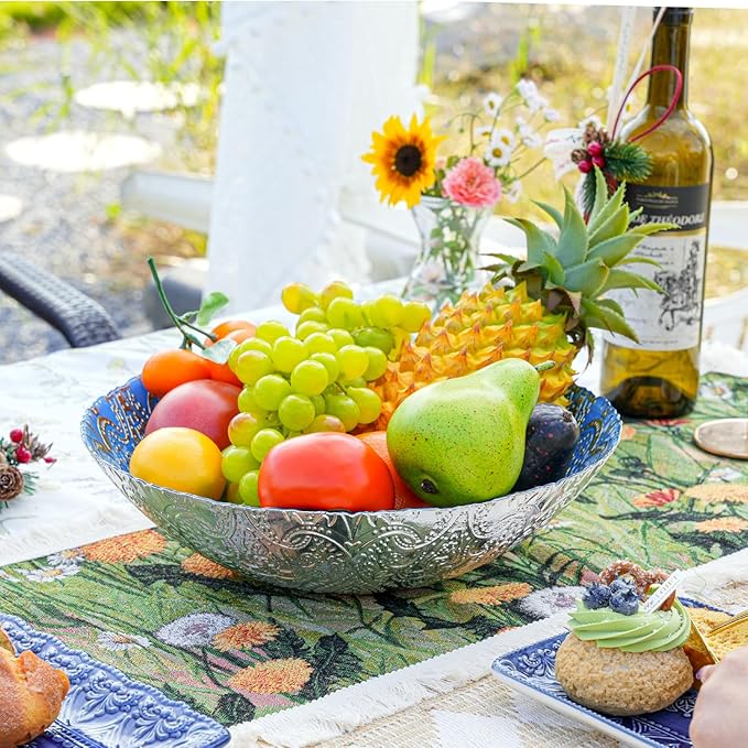 Sungmor 2PC 12.5'' Large Thick Glass Fruit Bowls, Moroccan Style Decorative Serving Bowls, Beautiful Centerpiece Snacks Bowl, Salad Mixing Bowl, Kitchen Counter Display Tray for Breads, Vegetables