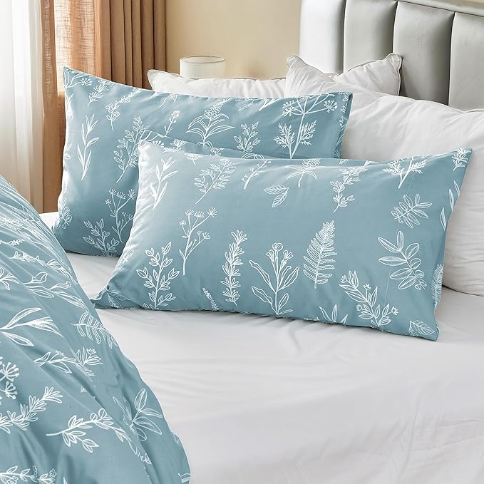 MUXHOMO Duvet Cover Full Size, Reversible Floral Mineral Blue Duvet Cover Set with Zipper Closure, 3 Pieces Botanical Patterns Soft Microfiber Bedding Set with 4 Ties (80"x90", 2 Pillow Cases)