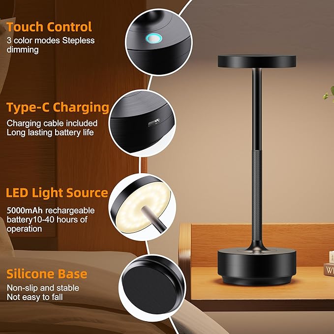 Cordless Table Lamp Rechargeable - Waterproof, Touch 3-Color Lighting Portable LED Table Light for Outdoor,Patio,Restaurant.(Black)