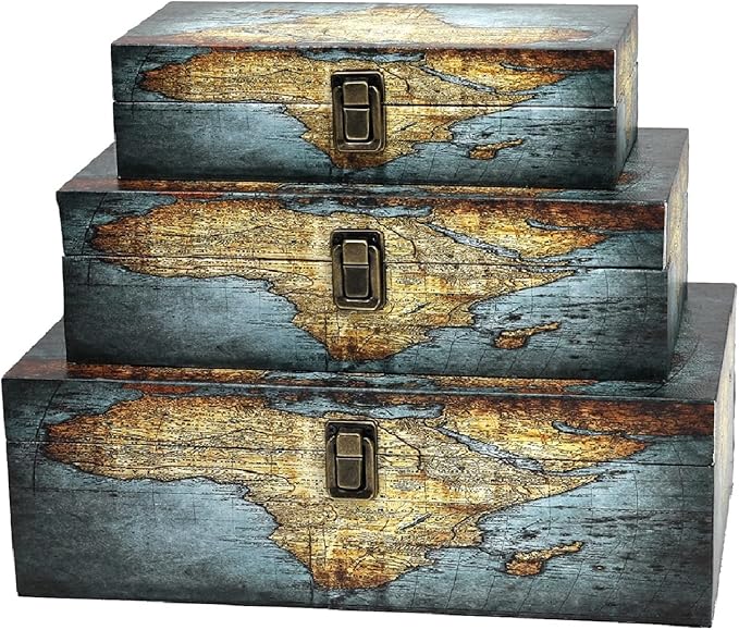 Jolitac Wood Storage Box Set of 3, Vintage Decorative Nesting Boxes Wooden Treasure Storage Crates With Latch, Home Decor Rustic Antique Boxes With Lid for Photos, Jewelry, Cash (Rectangle- Map)