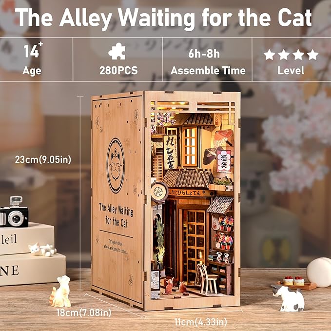 DIY Book Nook Kit - Japanese DIY Miniature House Kit for Adults,Dollhouse Kit 3D Wooden Puzzle Bookend Diorama Insert Decor,Gifts for Family Friends (The Alley Waiting for The Cat)