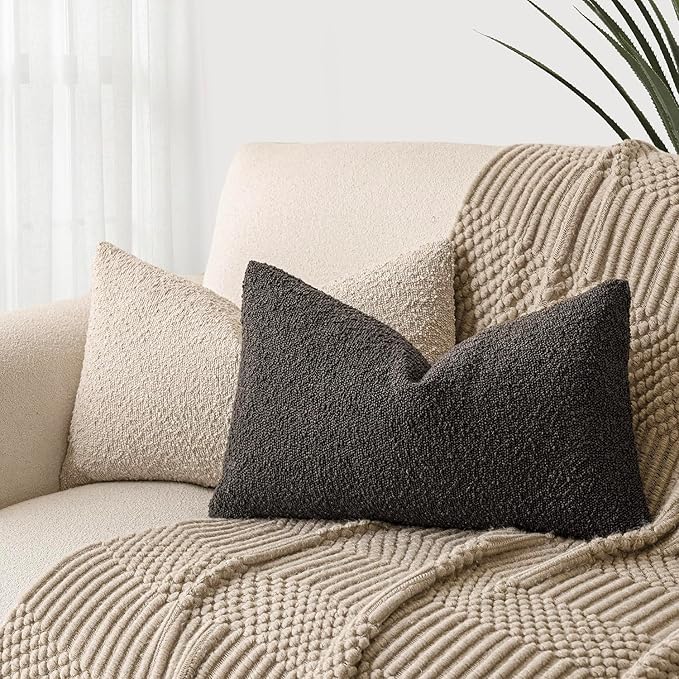 Foindtower Textured Boucle Throw Pillow Covers Accent Solid Lumbar Pillow Cases Cozy Soft Decorative Couch Cushion Case for Chair Sofa Bedroom Living Room Home Decor, 12 x 20 Inch,Dark Brown