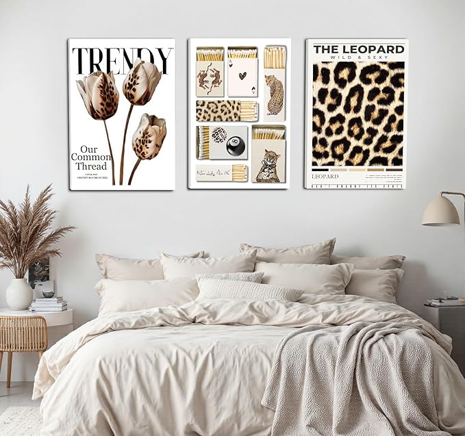 3 Pcs Trendy Leopard Print Wall Art Matchbox Lucky Flower Posters Print Art Leopard Pictures Room Wall Decoration Girl Aesthetics Preppy Style Dorm Decor Suitable for Living Doom Dining Room Bedroom Office Bar Etc