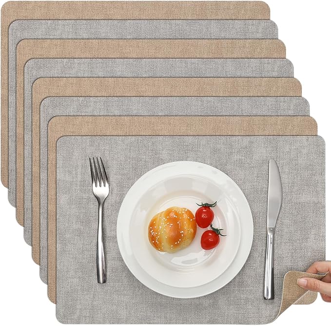 Myir JUN Reversible Vinyl Placemats Set of 8, Faux Leather Place Mats Dual Sided Waterproof Oilproof Wipeable, Heat-Resistant Table Mats for Kitchen Dining Indoor Outdoor (12" x 17", Light Gray Beige)